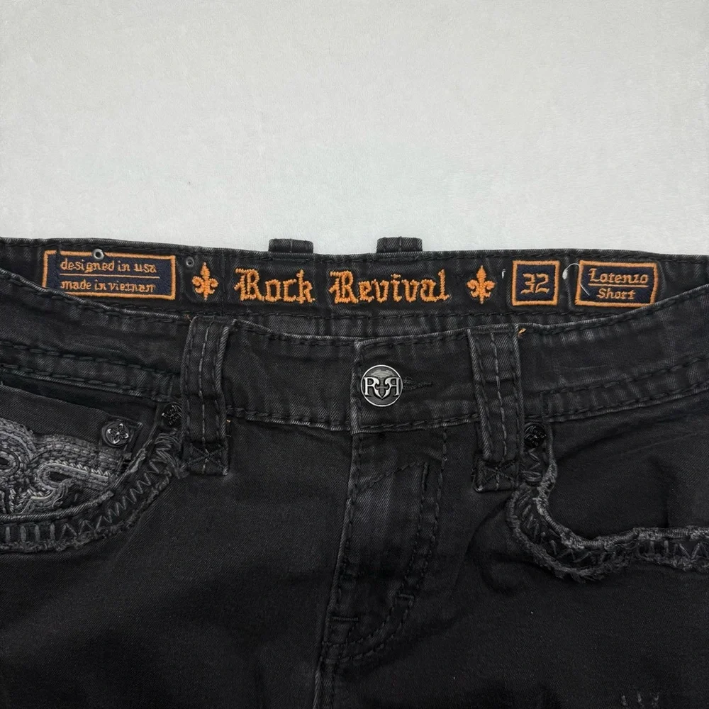 Rock Revival Mens Jean Shorts Size 32 Black Lorenzo Jorts Distressed Embroidery - Picture 5 of 14